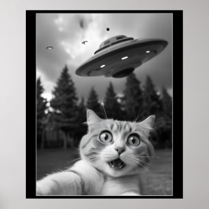 Funny Cat Selfie med UFO Alien Drones Poster