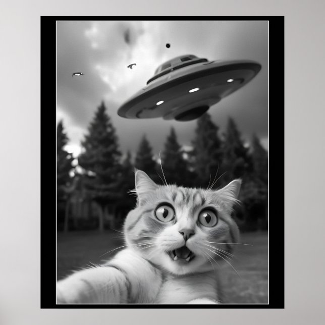 Funny Cat Selfie med UFO Alien Drones Poster (Framsidan)