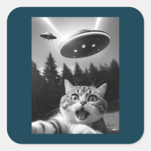 Funny Cat Selfie med UFO Alien Fyrkantigt Klistermärke