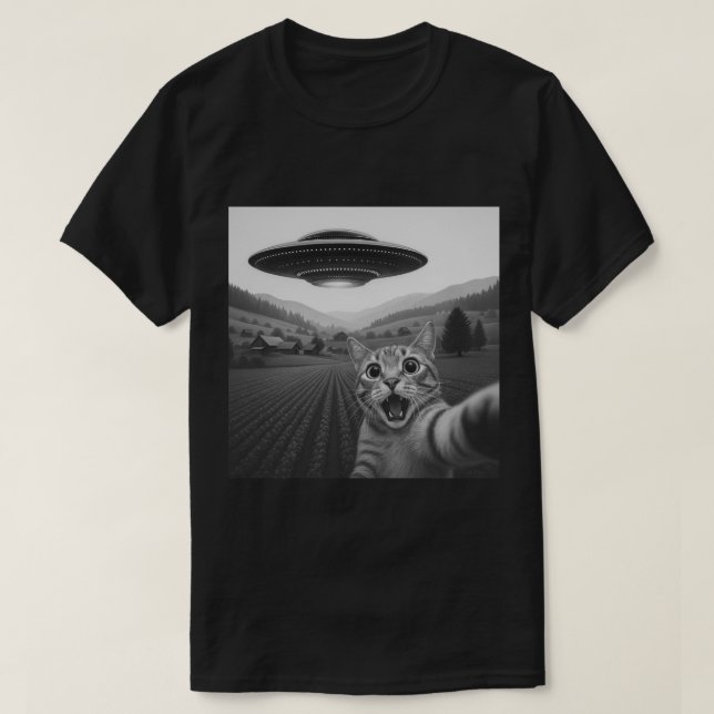 Funny Cat Selfie med UFO, Alien Spaceship & Kattun T Shirt (Design framsida)