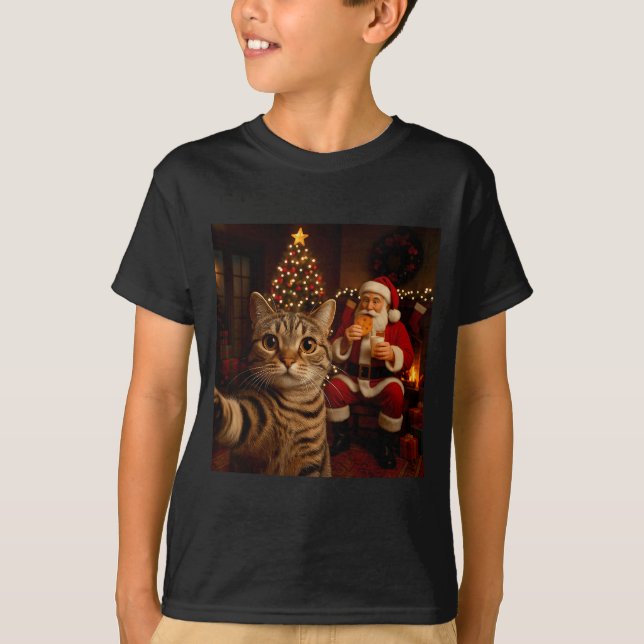 Funny Cat Selfie Santa Claus Eating Cookies Christ T Shirt (Framsida)