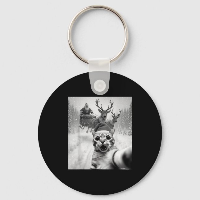 Funny Cat Selfie Santa Merry Christmas Xmas Pajama Nyckelring (Framsida)