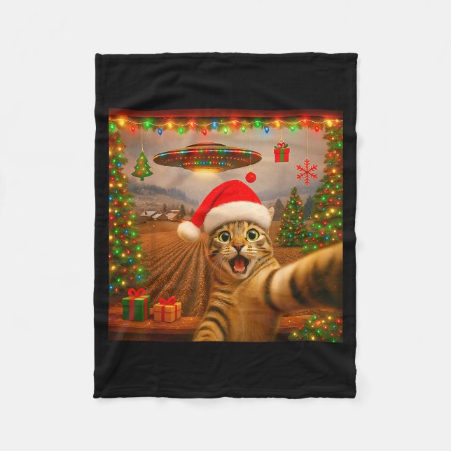 Funny Cat Selfie With Alien Ufo Christmas Lights S Fleecefilt (Framsidan)