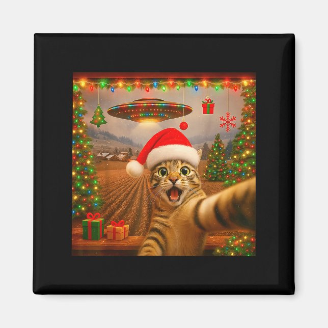 Funny Cat Selfie With Alien Ufo Christmas Lights S Magnet (Framsidan)