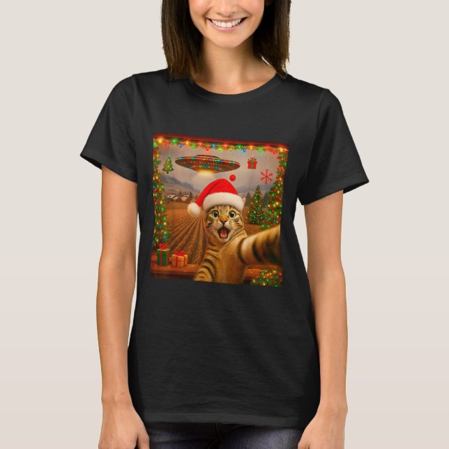 Funny Cat Selfie With Alien Ufo Christmas Lights S T Shirt (Framsida)