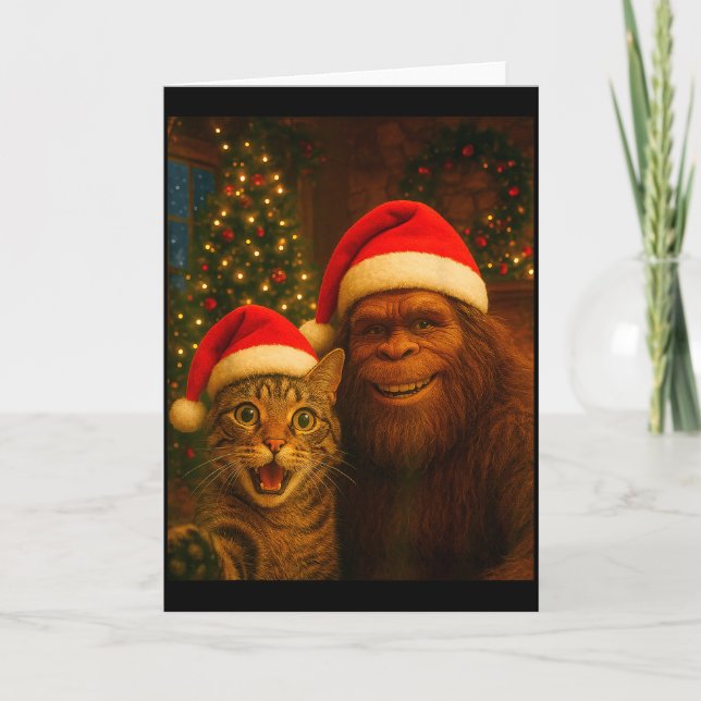 Funny Cat Selfie With Bigfoot Christmas Sasquatch  Kort (Framsida)