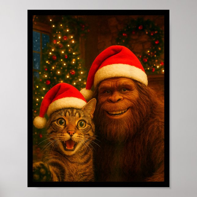 Funny Cat Selfie With Bigfoot Christmas Sasquatch  Poster (Framsidan)