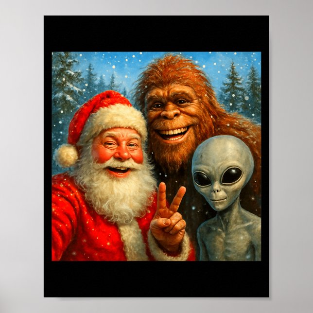 Funny Cat Selfie With Santa Claus &amp; Bigfoot Me Poster (Framsidan)