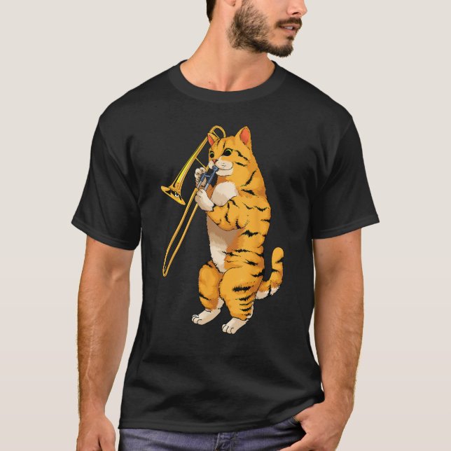 Funny Cat Spela Trombone Gift Coola Kitten Musici T Shirt (Framsida)