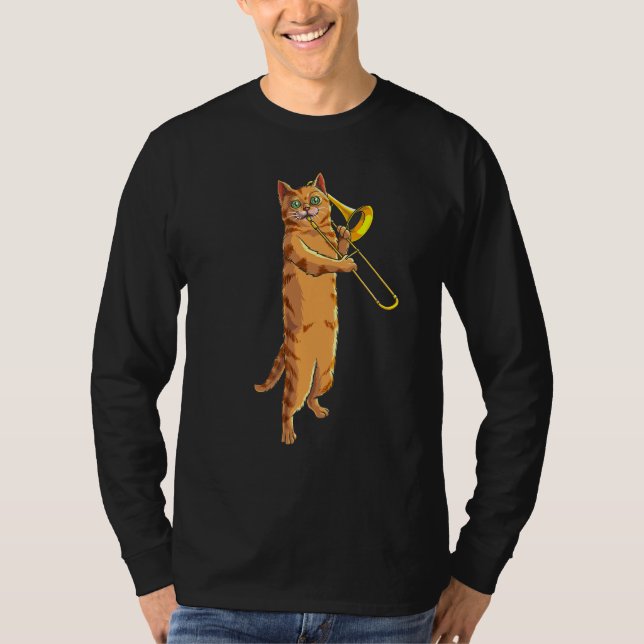 Funny Cat Spela Trombone Gift Coola Kitten Musici T Shirt (Framsida)