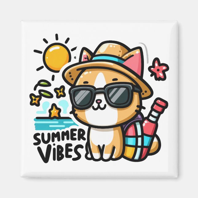 Funny Cat Summer Vibes Magnet (Framsidan)