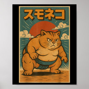 Funny Cat Sumo Wrestler Japansk Art Anime Ukiyo-e Poster