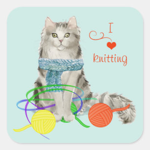 Funny Cat Tangled i garn Fyrkantigt Klistermärke