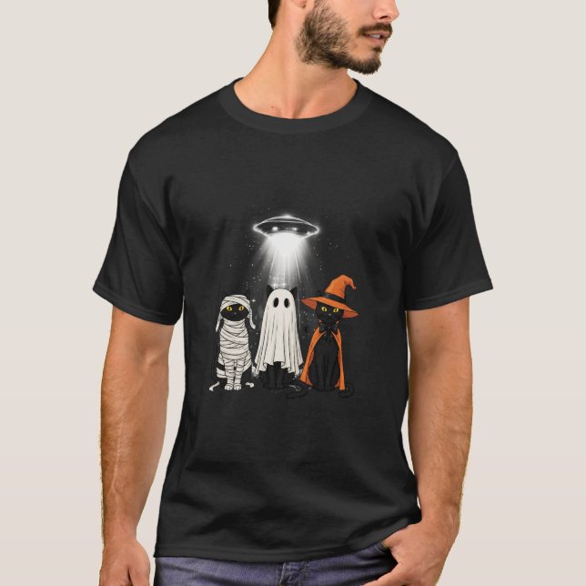 Funny Cat UFO Three Kitty Space Spaceship Alien Ha T Shirt (Framsida)