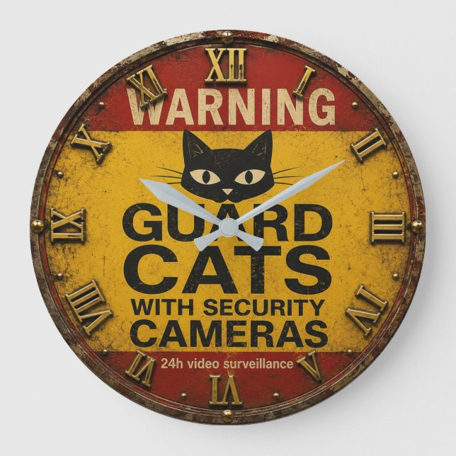 Funny Cat Warning Sign Stor Klocka (Framsida)