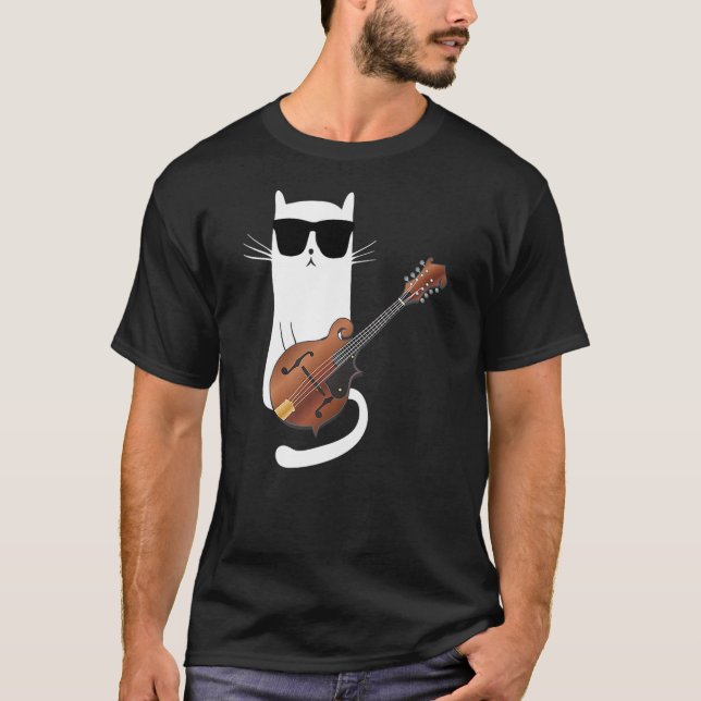 Funny Cat Wearing Sunglasses Playing Mandolin T Shirt (Framsida)
