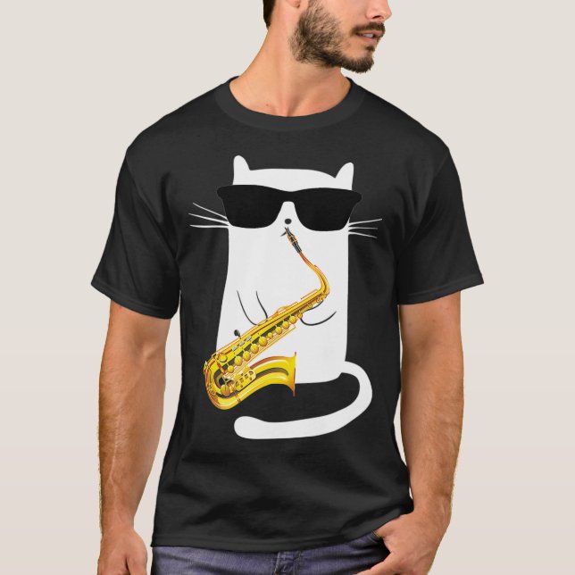 Funny Cat Wearing Sunglasses Playing Saxophone T Shirt (Framsida)