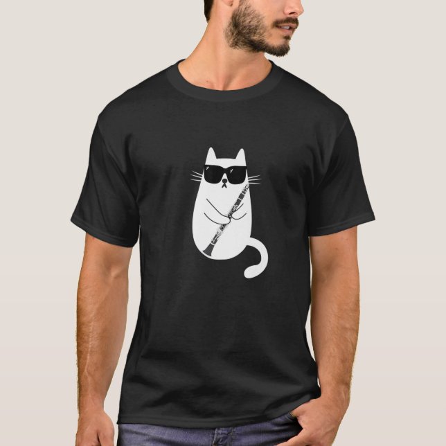 Funny Cat Wearing Sunglasses Spela Clarinet Musi T Shirt (Framsida)