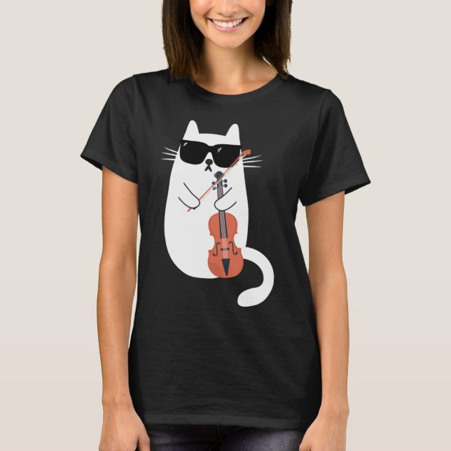 Funny Cat Wearing Sunglasses Spela Violin Viola T Shirt (Framsida)