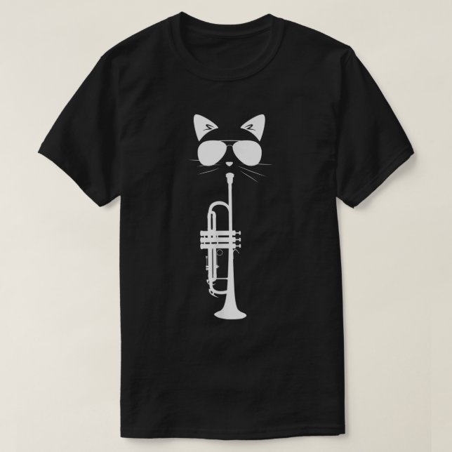 Funny Cat Wearing Sunglasses spelar Trumpet Music T Shirt (Design framsida)