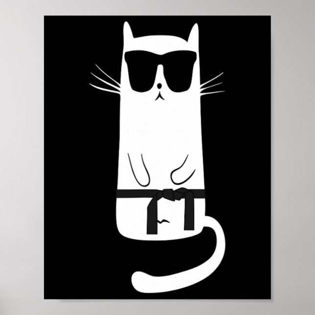 Funny Cat Wearing Sungles Karate Judo Black Bälte  Poster (Framsidan)