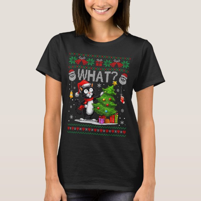 Funny Cat What Black Cat Christmas Tree Ugly Xmas  T Shirt (Framsida)