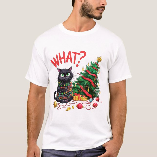 Funny Cat with Christmas Tree T Shirt (Framsida)