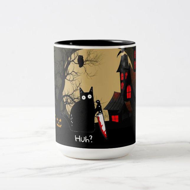 Funny Cat With Knife Custom Text Halloween Mug Två-Tonad Mugg (Center)