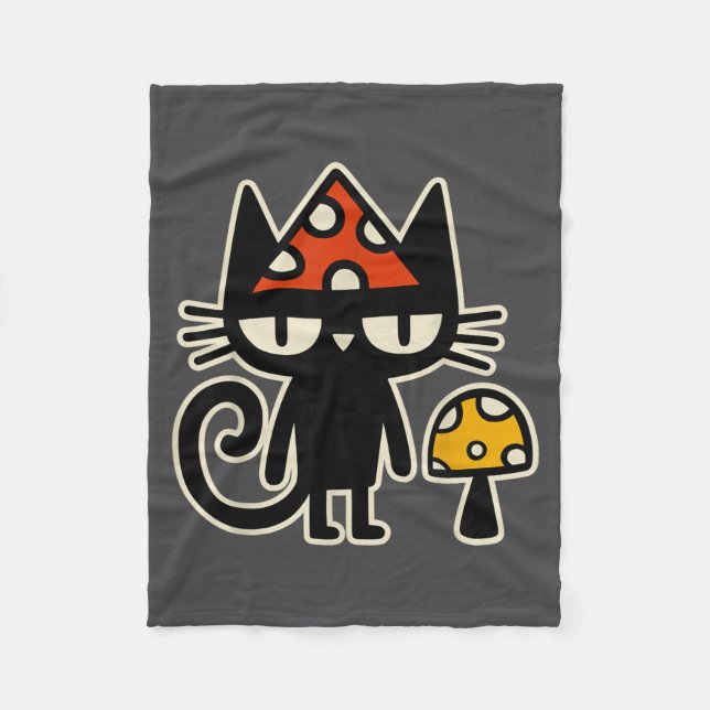 Funny Cat With Mushroom Hat Black Cat With Toadsto Fleecefilt (Framsidan)