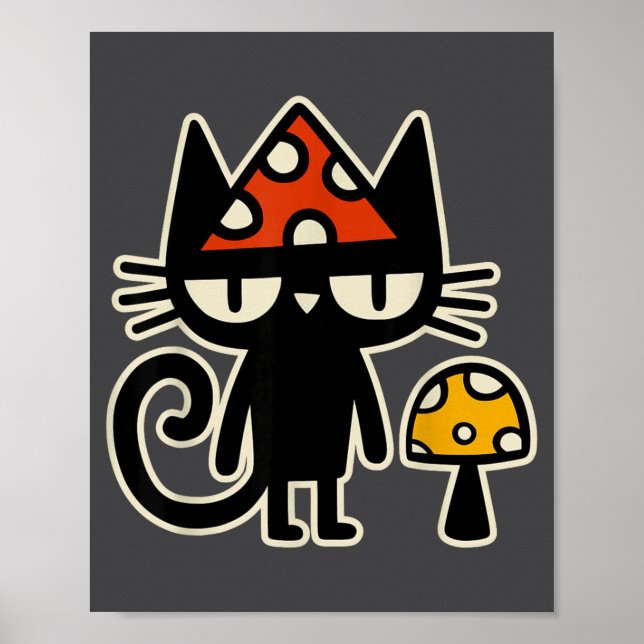 Funny Cat With Mushroom Hat Black Cat With Toadsto Poster (Framsidan)