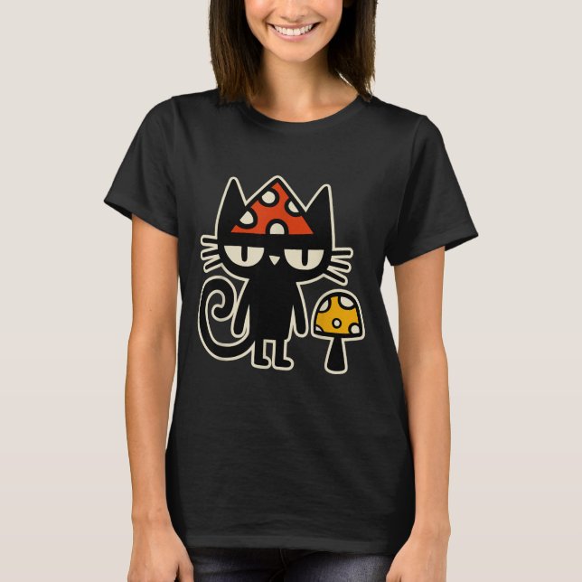 Funny Cat With Mushroom Hat Black Cat With Toadsto T Shirt (Framsida)