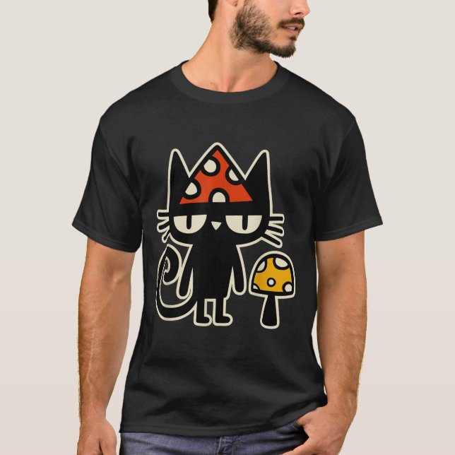 Funny Cat With Mushroom Hat Black Cat With Toadsto T Shirt (Framsida)