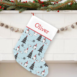Funny Cats Blue och White Liten Julstrumpa