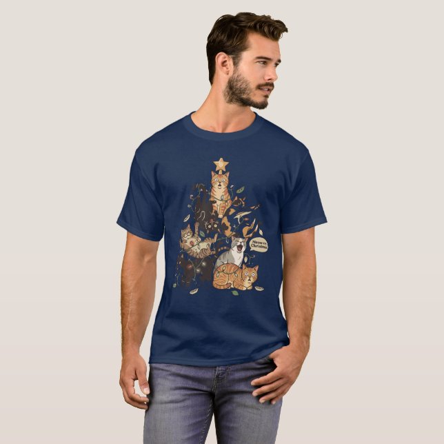Funny Cats Christmas Tree Tangled Lights Holiday T Shirt (Hel framsida)