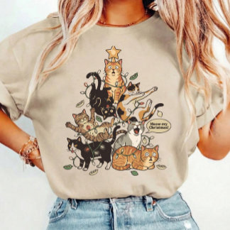 Funny Cats Christmas Tree Tangled Lights Holiday T Shirt