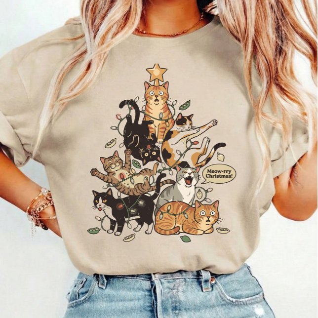 Funny Cats Christmas Tree Tangled Lights Holiday T Shirt (Skapare uppladdad)