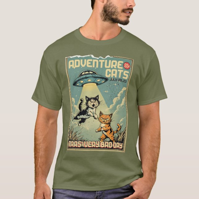 Funny cats comic book alien abduction sci-fi t shirt (Framsida)