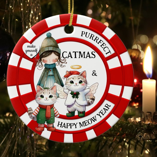 Funny Cats Crazy Cat Dam Cute Jul Julgransprydnad Keramik (Colorful Christmas ornament featuring illustrations of a cute cat angel, kitty and crazy cat lady.)