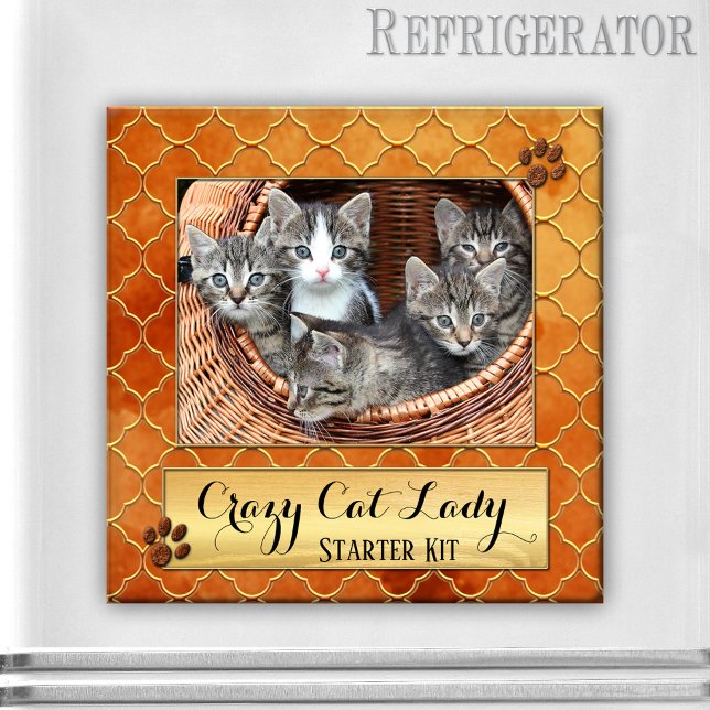 Funny Cats Crazy Cat Dam Photo Magnet (Photo magnet featuring your cat photo framed by a Moroccan quatrefoil gold print with cute paws)