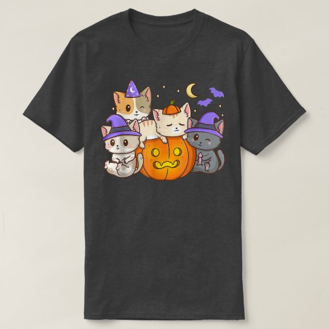 Funny Cats Halloween Anime Cat Kawaii Neko Pumpkin T Shirt (Design framsida)