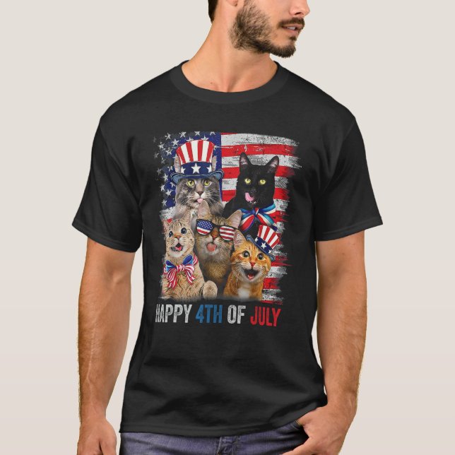 Funny Cats Happy 4th Of July American US Flag 4th  T Shirt (Framsida)