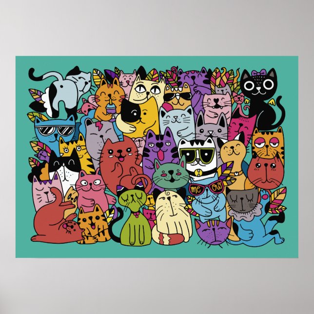 Funny Cats Illustration Anpassningsbar Färg Poster (Framsidan)