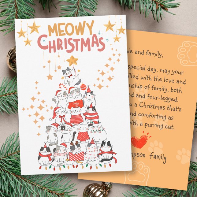 Funny Cats Julafton Träd Meowy jul Helgdag Kort (Funny Cats Xmas Tree Meowy Christmas Flat Card (Front))