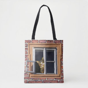 Funny Cats Peeking out the Window Bag Tygkasse