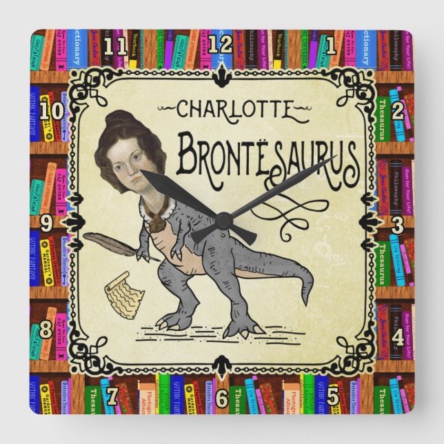 Funny Charlotte Bronte Saurus Dinosaur Bok Reader Fyrkantig Klocka (Framsida)