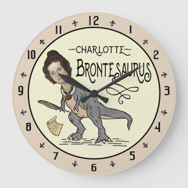 Funny Charlotte Bronte Saurus Dinosaur Bok Reader Stor Klocka (Framsida)