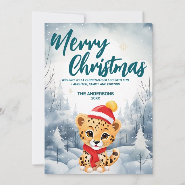 Funny Cheetah God jul träd snö Julfest Julkort (Framsida)