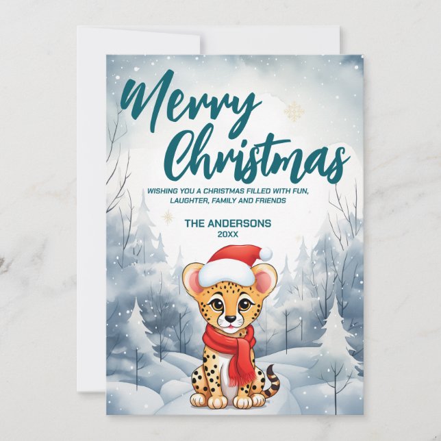 Funny Cheetah God jul träd snö Julfest Julkort (Framsida)