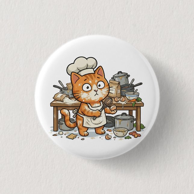 Funny Chef Cat Messy Kitchen Button Knapp (Framsida)