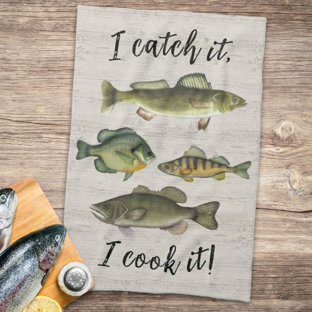 Funny Chef Fisherman Fish Catch Simple Wildlife Kökshandduk (Cute "I catch it, I cook it" kitchen towel.)